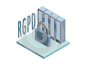 RGPD, Spanish and Italian version version of GDPR, Regolamento generale sulla protezione dei dati. Concept isometric photo