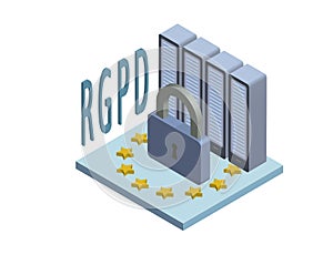 RGPD, Spanish and Italian version version of GDPR, Regolamento generale sulla protezione dei dati. Concept isometric photo