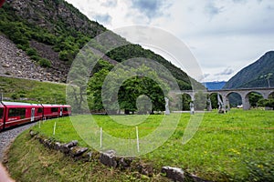 Rhaetian Railway crossing a bridge in the Surselva valley