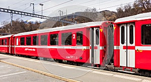 Rhaetian Railway train at the Filisur railway station in Switzerland