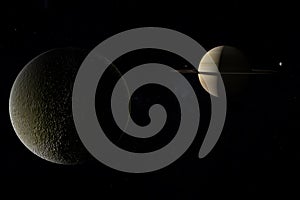 Rhea orbiting with Saturn planet, Mimas and Tethys at background. 3d render