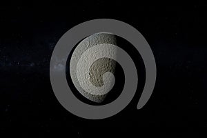Rhea orbiting in the space with moon Iapetus. 3d render