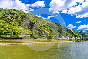 Rhein Rhine river in Loreley, Kaub, Rhein-Lahn-Kreis, Rhineland-Palatinate, Rheinland-Pfalz, Germany