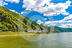 Rhein Rhine river in Loreley, Kaub, Rhein-Lahn-Kreis, Rhineland-Palatinate, Rheinland-Pfalz, Germany