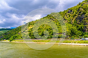 Rhein Rhine river in Loreley, Kaub, Rhein-Lahn-Kreis, Rhineland-Palatinate, Rheinland-Pfalz, Germany