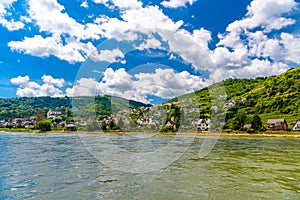Rhein Rhine river in Loreley Lorelei, Oberwesel, Rhein-Lahn-Kreis, Rhineland-Palatinate, Rheinland-Pfalz, Germany
