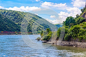 Rhein Rhine river in Loreley Lorelei, Rhein-Lahn-Kreis, Rhineland-Palatinate, Rheinland-Pfalz, Germany