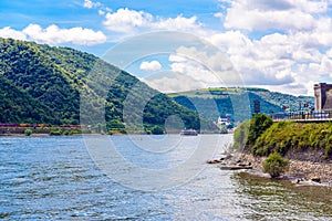 Rhein Rhine river in Loreley Lorelei, Rhein-Lahn-Kreis, Rhineland-Palatinate, Rheinland-Pfalz, Germany