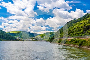 Rhein Rhine river in Loreley Lorelei, Rhein-Lahn-Kreis, Rhineland-Palatinate, Rheinland-Pfalz, Germany