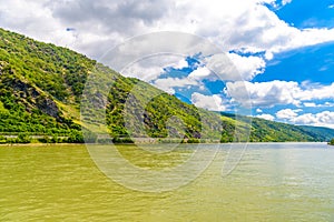 Rhein Rhine river in Loreley, Oberwesel, Rhein-Lahn-Kreis, Rhineland-Palatinate, Rheinland-Pfalz, Germany