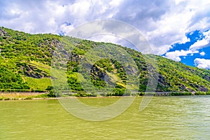 Rhein Rhine river in Loreley, Oberwesel, Rhein-Lahn-Kreis, Rhineland-Palatinate, Rheinland-Pfalz, Germany