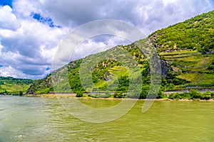 Rhein Rhine river in Loreley, Oberwesel, Rhein-Lahn-Kreis, Rhineland-Palatinate, Rheinland-Pfalz, Germany