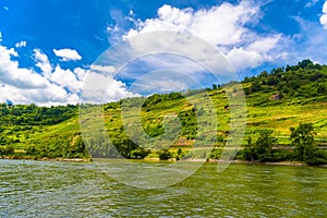 Rhein Rhine river in Loreley, Rhein-Lahn-Kreis, Rhineland-Palatinate, Rheinland-Pfalz, Germany