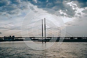 The RheinkniebrÃÂ¼cke is a cable-stayed bridge over the Rhine photo