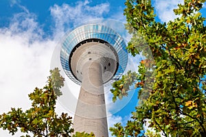 Rheintower against blue sky with clouds in Dusseldorf, Germany