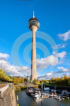 Rheintower in Media harbor on a sunny day in autumn, Dusseldorf, Germany