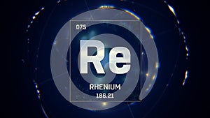 Rhenium as Element 75 of the Periodic Table 3D illustration on blue background