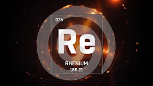 Rhenium as Element 75 of the Periodic Table 3D illustration on orange background