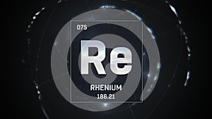 Rhenium as Element 75 of the Periodic Table 3D illustration on silver background