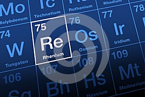 Rhenium on periodic table of elements, transition metal with symbol Re