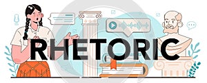 Rhetoric typographic header. Students training public speaking