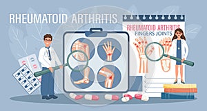 Rheumatoid arthritis for landing page. Arthritis treatment. Doctors with magnifiers show diseases of the human skeletal system.