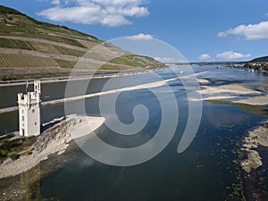 Rhine near Bingen in Rhineland-Palatinate with extremely low water in drought summer 2022