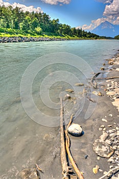 Rhine River banks with rocky beach and driftwood and forest and mountain landscape in the background