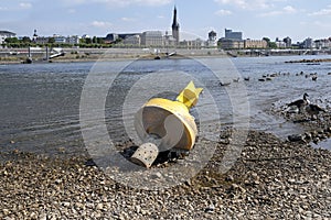 Rhine river dwindles exposes the riverbed during a severe drought in Düsseldorf, Germany