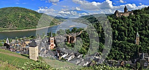 Rhine River Gorge Landscape Panorama of Bacharach and Stahleck Castle, UNESCO World Heritage Site, Rhineland Palatinate, Germany