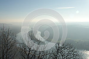 Rhine river on a hazy fall day.