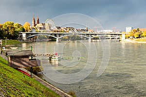 Rhine river and old fishing hut in Basel Switzerland