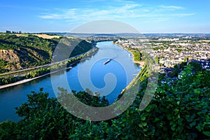 Rhine river at town of Andernach on clear summer day