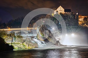 Rhinefalls, the biggest waterfalls in Europe during the night