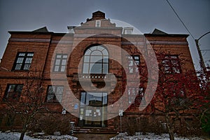 Rhinelander WI historic city hall building on a snowy day photo