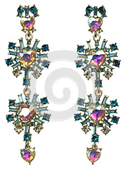 Rhinestone Dangling Hearts in Gold with Teal and White Crystals