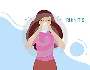 Rhinitis illness. Runny nose. Sick woman sneezes photo