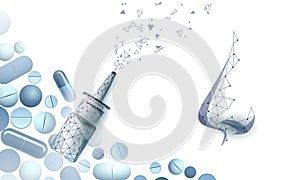 Rhinitis nose low poly. Treatment medicine coryza. Pharmacy runny nose spray. Drug capsule polygonal design banner