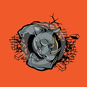 Rhino crushes brick wall vector illustration