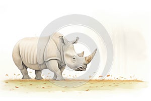 rhino in the early morning fog, feasting on wet grass