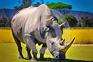 Rhino grazing grass in wild safari field