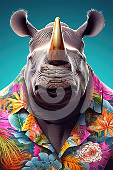 Rhino in hawaiian shirt half - length frontal view