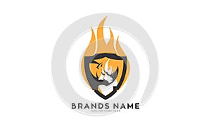 Rhino head with fire shield vector logo photo