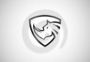 Rhino head and shield logo icon. Rhinoceros brand identity emblem vector illustration