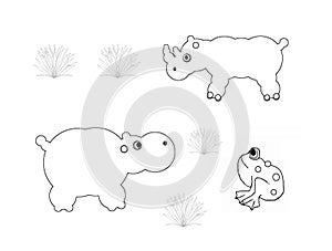 Rhino and hippo, colouring book page uncolored