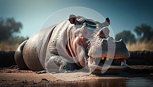 A rhino lying in the wild with a yawn in Africa, generative AI