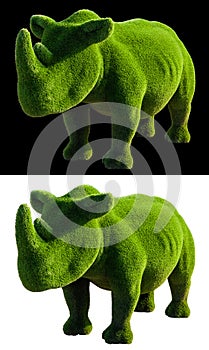 Rhino made from artificial grass isolated on white and black backgrounds. Landscaping. Green Rhino. Topiary