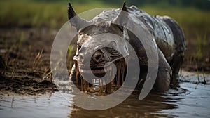 Rhino In Mud: Unreal Engine Rendered Photo Of Grotesque Caricature