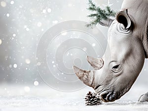 A rhino is next to a pine cone in the snow photo