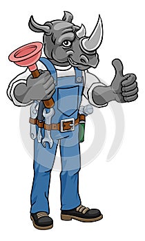 Rhino Plumber Cartoon Mascot Holding Plunger